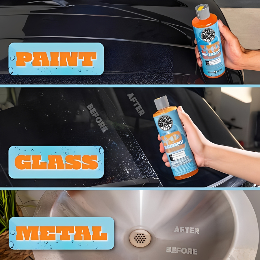 Water spot gel use examples on paint glass and metal surfaces