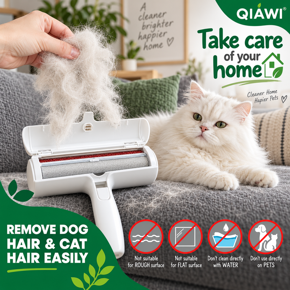 🐶🐱QIAWI Pet Hair Remover Roller 🐾 Self-Cleaning Fur Cleaner for Sofa & Clothes ✨