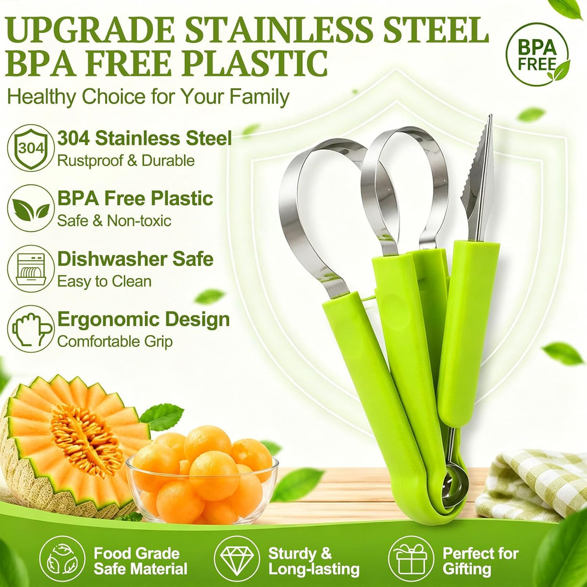QIAWI stainless steel fruit carving tools with ergonomic green handles