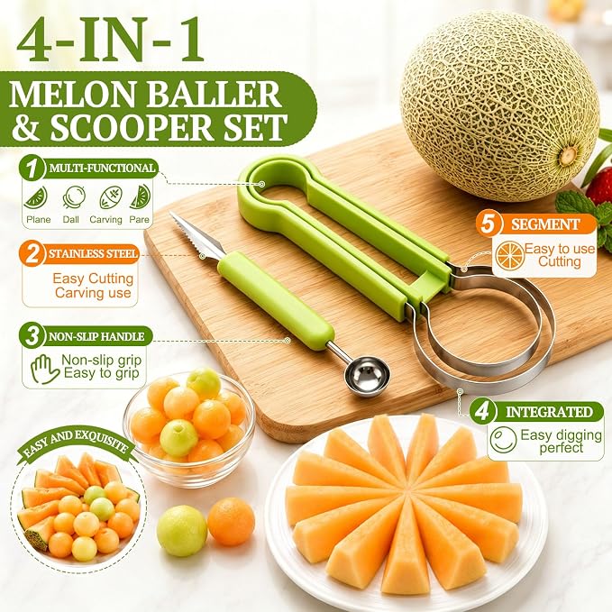🍉 QIAWI 3-in-1 Fruit Baller & Carving Tool – Scoop, Carve & Create ✨