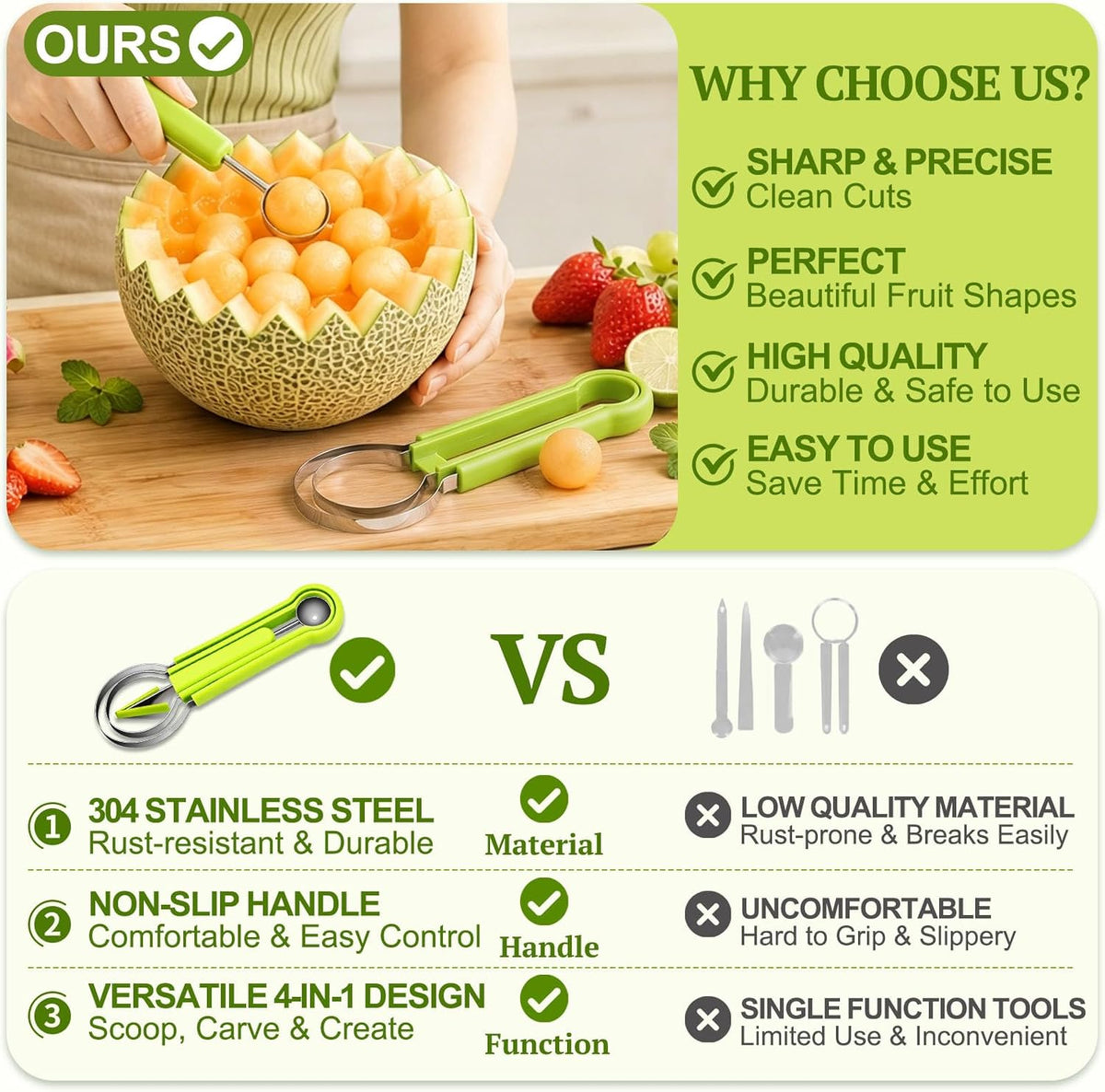 🍉 QIAWI 3-in-1 Fruit Baller & Carving Tool – Scoop, Carve & Create ✨