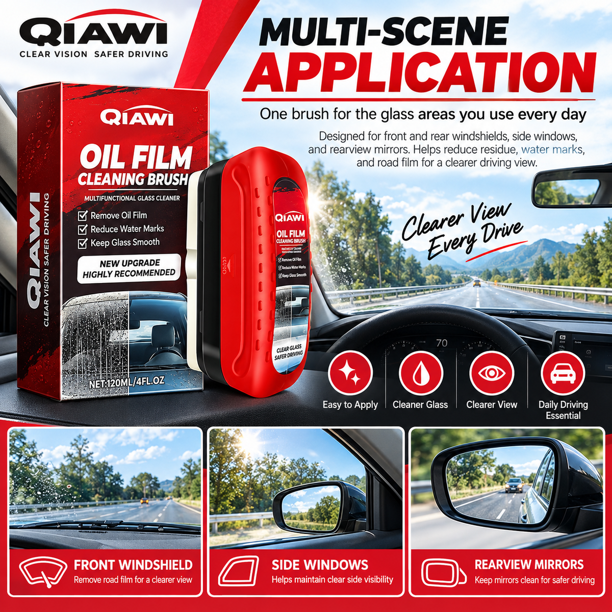 Windshield cleaner multiple automotive glass surfaces